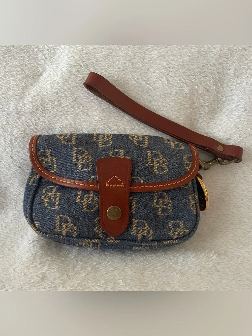 Vintage New Dooney & Bourke Denim Flap Mini Wristlet w/ Leather Trim & Strap